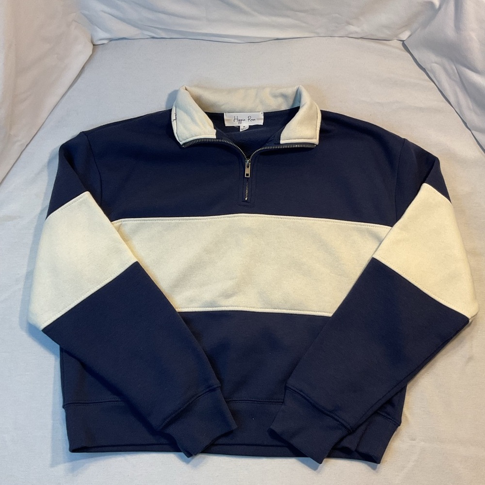 Hippie Rose Women's Sweater Blue & White, Collar, 1/4 Zip Thick Stripes Size M